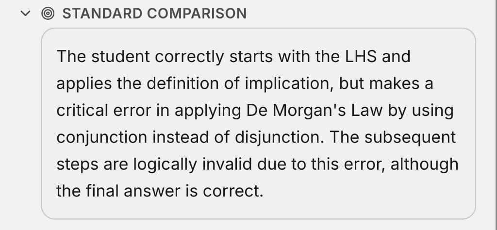 The standard comparison panel explaining that De Morgan’s Law was applied incorrectly