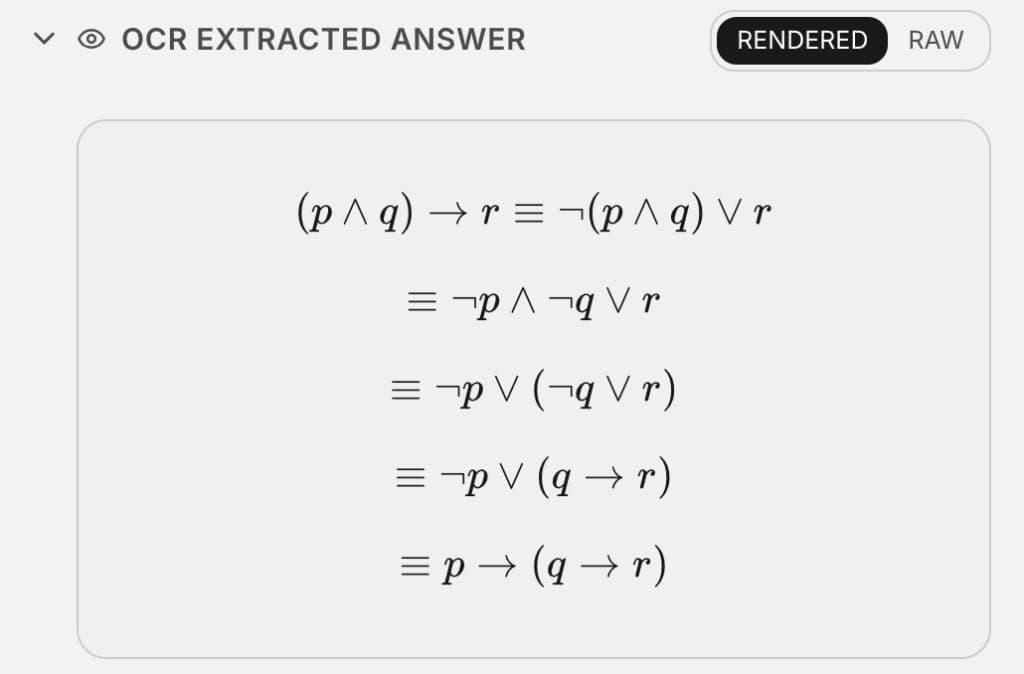 The OCR extracted answer panel showing the transcribed proof rendered as typeset mathematics