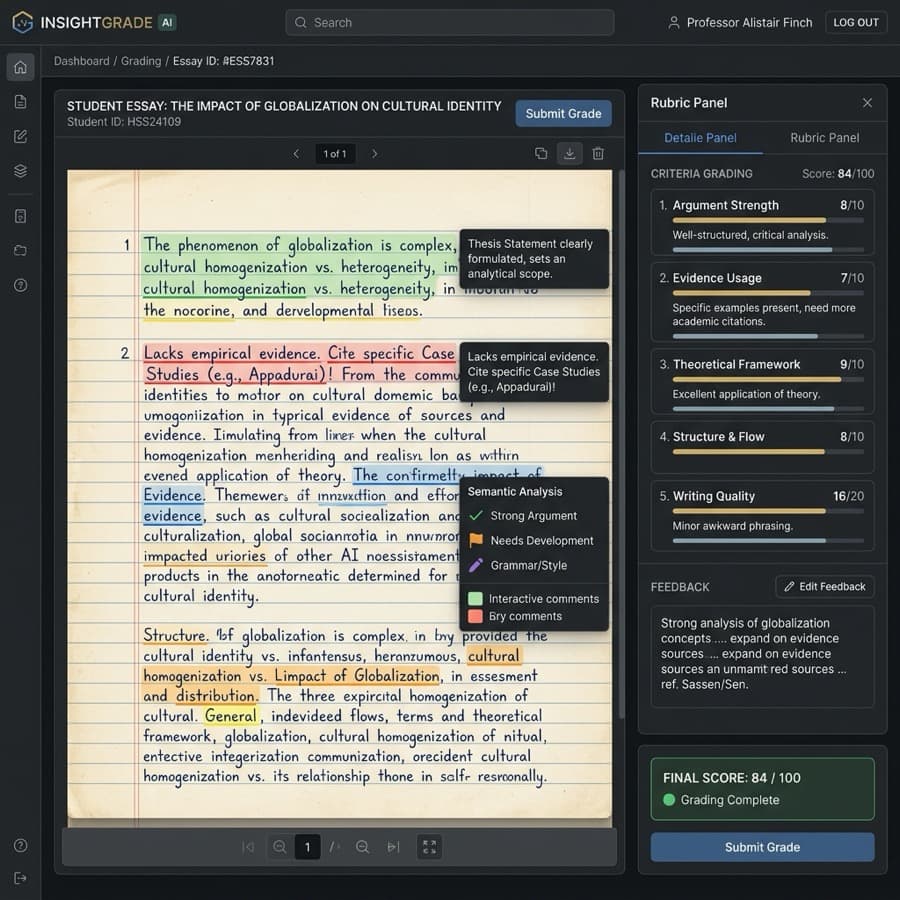 Essay analysis interface citing passages from a student submission