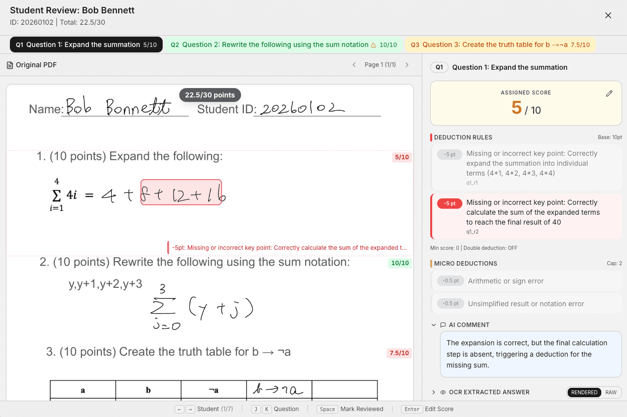 The Grade AI review interface showing a handwritten exam with step-by-step scoring